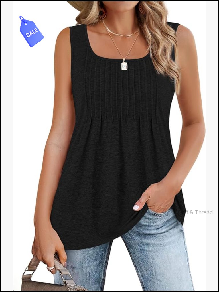 Pleated Square Neck Sleeveless Tank Top Loose Fit Summer Tunic